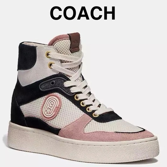 Coach Size 7 Brand New Pink Black White Suede High Top Women Sneakers - Picture 1 of 9